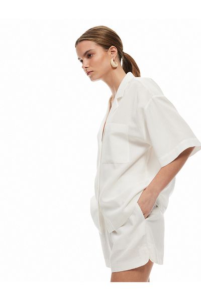 Koton Viscose-Linen Blended Short Sleeve Oversize Shirt with Pockets