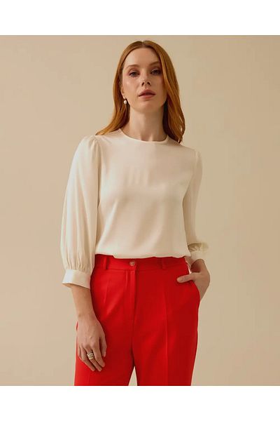 SEÇİL Women's Round Neck Prom Sleeve Blouse - Ecru