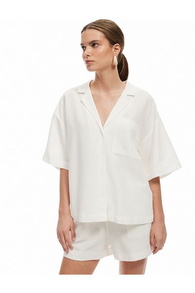 Koton Viscose-Linen Blended Short Sleeve Oversize Shirt with Pockets