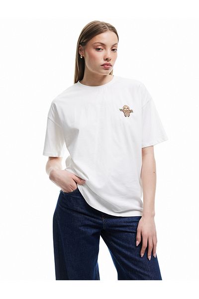 Koton Minimal Embroidery Short Sleeve Cotton Crew Neck Oversize T-Shirt