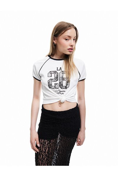 Koton Piping Narrow Fit Short Sleeve Crew Neck Cotton Printed T-Shirt