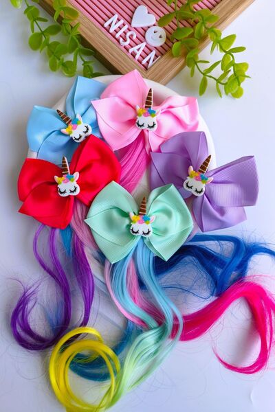 Nisankids Момичешки изкуствени коси с панделка от плат с еднорог 1 брой