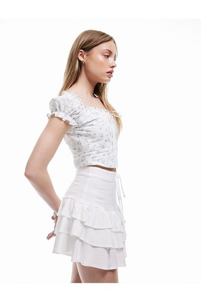 Koton Lace-Up Flounce Viscose Mini Skirt