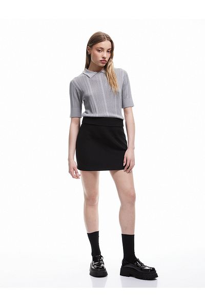 Koton Pearl Detailed Polo Collar Short Sleeve Viscose Knitwear Sweater
