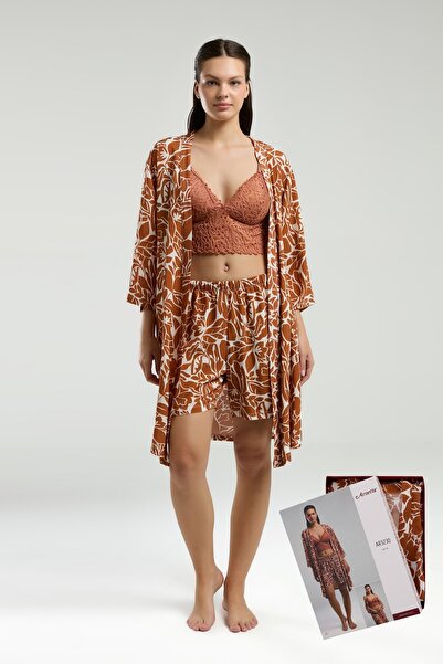Arnetta Kadın Kiremit Rengi Desenli Büstiyer Şort Sabahlık Üçlü Takım