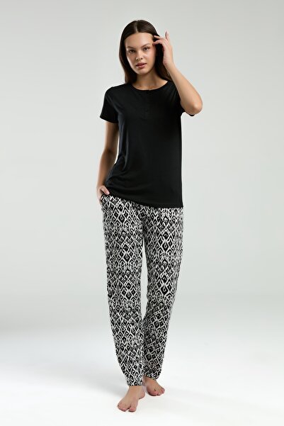 Arnetta Women's Three Button Crew Neck Short Sleeve Long Pants Pajama Set (Available in Oversize Size)