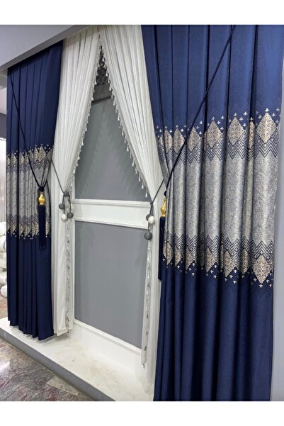 Koral Pano Fon Perde ( 2 Kanat ) -sık Pile -lacivert-gri Tonları _yeni Sezon -armür Desen