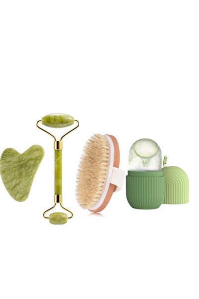 SYN AKSESUAR 4'LÜ Set Buz Küpü, At Kılı Fırçası, % 100 Doğal Taş Gua Sha, Yüz...