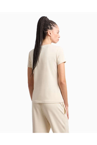 EA7 Γυναικείο κοντομάνικο μπεζ μπλουζάκι με κανονική εφαρμογή, ελαστικό βαμβακερό ύφασμα με στρογγυλή λαιμόκοψη EA7