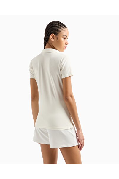EA7 Tricou alb cu mâneci mixte cu guler polo brodat cu aur pentru femei EA7 7W000266 AF12500-U0005