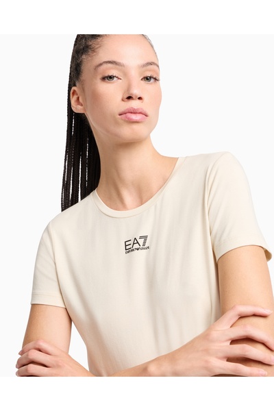 EA7 Γυναικείο κοντομάνικο μπεζ μπλουζάκι με κανονική εφαρμογή, ελαστικό βαμβακερό ύφασμα με στρογγυλή λαιμόκοψη EA7