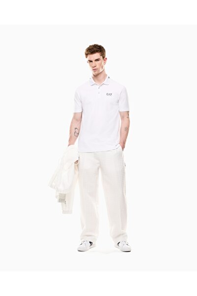 EA7 Tricou alb cu guler polo pentru bărbați, cu croiala normală, din bumbac, cu model de guler, cu logo EA7