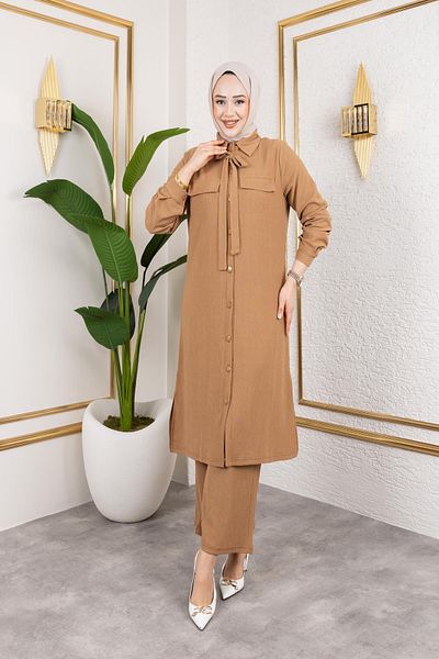 Moda Ebva Flar Λεπτομερές Διπλό Μουσουλμανικό Κοστούμι-3151 Latte