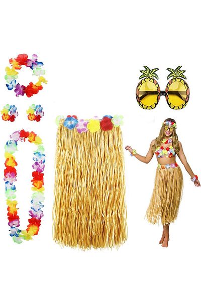 Skygo Hawaiian Party Costume Set - 60 cm Straw Skirt, Floral Accessories and Pineapple Glasses