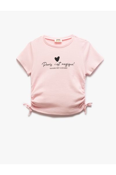 Koton Cotton Drawstring Detailed Printed Short Sleeve Crew Neck Crop T-Shirt