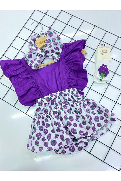 ŞAPKAKİDS Girl's Blackberry Pattern Slopet Bandana Socks Set