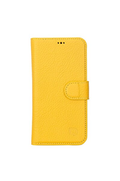 PLM Apple iPhone 13 Pro Uyumlu Deri Cüzdanlı Kılıf Limon Sarı