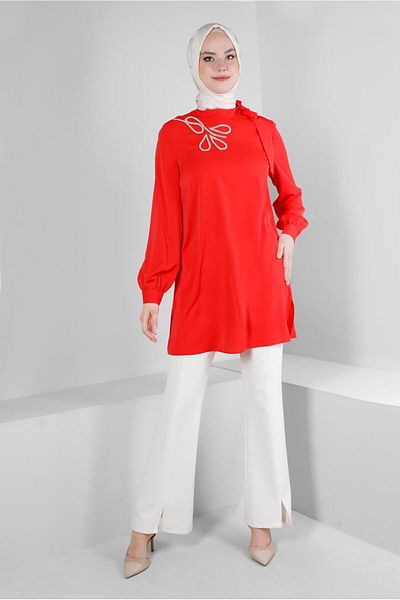 Alvina Stone Printed Tunic with Tie Collar Detail 43534