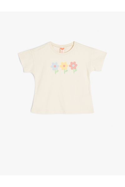 Koton Floral Printed Short Sleeve Crew Neck Cotton T-Shirt