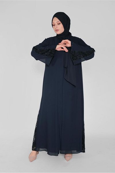 Alvina 80001 Model Lace and Bead Embroidered Wide Arm Ferace