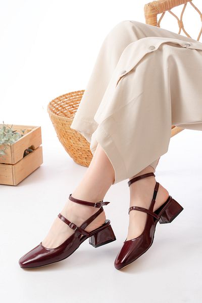 pelivia natural living Women's Burgundy Square Toe Mary Jane Short Heeled Daily Comfortable Summer Ballerina Classic Heeled Shoes