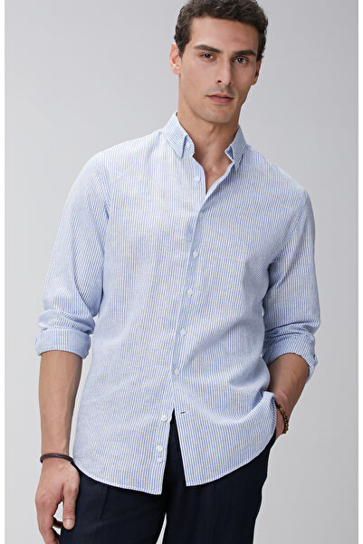 Network Mavi Beyaz Çizgili Keten Karışımlı Gömlek