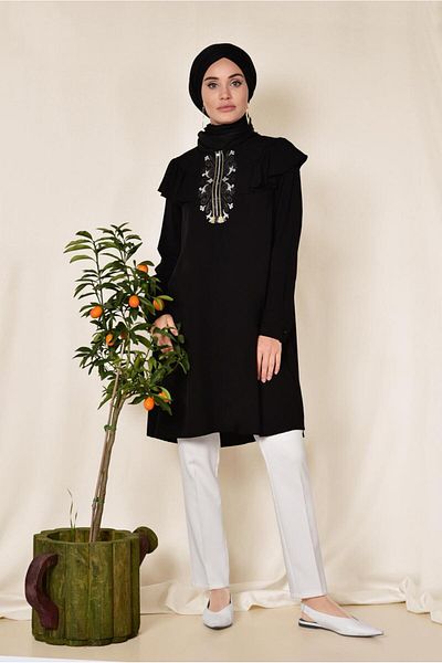 Alvina Shoulder and Embroidery Detail Shoulder Tunic with Volan 4120