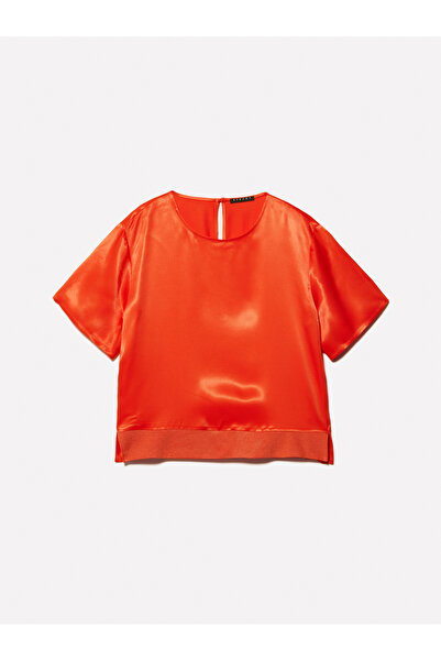 Sisley Women's Pomegranate Flower 100% Viscose Skirt Ribbed Slit Wide Collar Satin Blouse