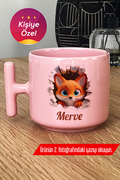 Hedizu Kişiye Özel 3D Efetkli Tatlı Tilki Pastel T Kulplu Kupa Bardak Pembe İ...