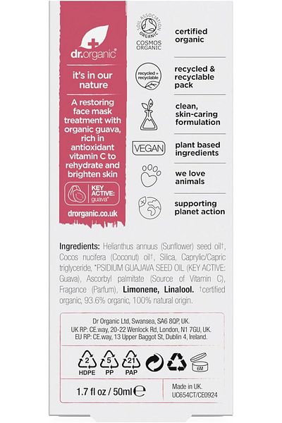 Dr. Organic Vitamin C Face Mask with Guava | Natural Vitamin C Complex, 50ml