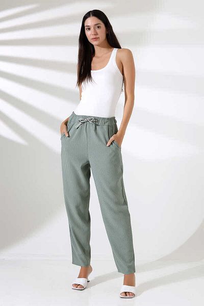 MOSRANİC Women's Green Striped Elastic Waist Carrot Leg Classic Trousers Xn 8012