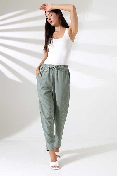 MOSRANİC Women's Green Striped Elastic Waist Carrot Leg Classic Trousers Xn 8012