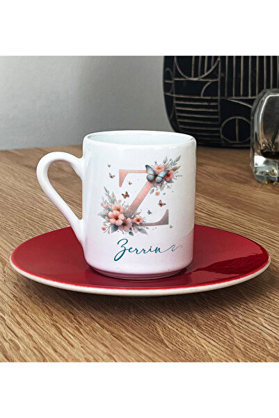 Hedizu Kişiye Özel Z Harfli Çiçekli Türk Kahvesi Fincanı Kırmızı İsme Özel İs...