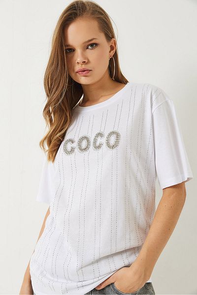 Bianco Lucci Γυναικείο T-Shirt με κοντό μανίκι με λαιμόκοψη με πέτρα 60283035