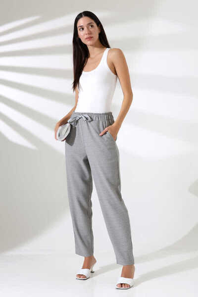 MOSRANİC Kadın Gri Çizgili Kareli Beli Lastikli Havuç Paça Klasik Pantolon  X...