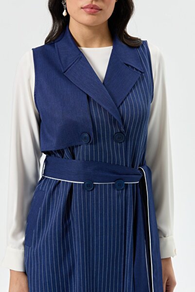 Esswaap Çizgili ve Düz Polyviskon Kumaş Uzun Yelekli Pantolonlu Takım  Laci