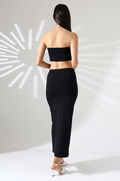 MOSRANİC Women's Black Crop Ruffle Skirt Set Mcs 223