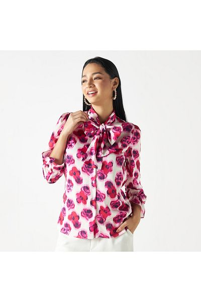 FAV All-Over Floral Print Top with Tie-Up Neck and Long Sleeves