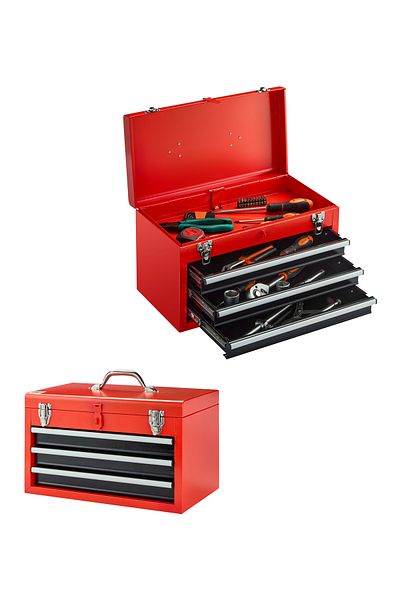 Lawazim 3-Drawers Tool Box with Handle - Red - Durable Lockable Tool Storage Box