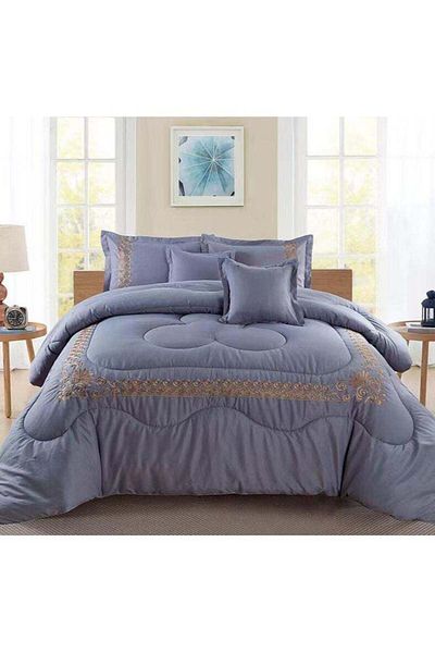 Comfy 6 PC EMBROIDERY FLORAL COTTON SOFT KINGSIZE COMFORTER SET GREY