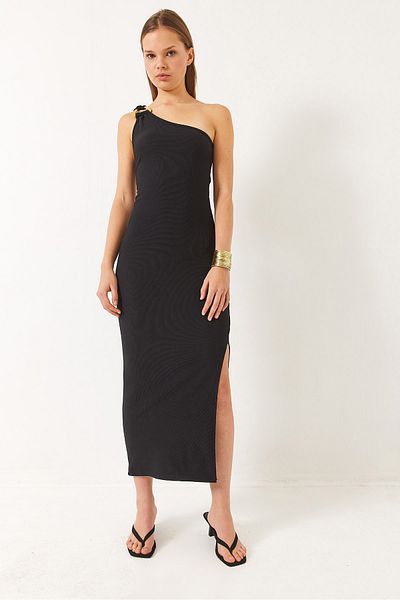 Bianco Lucci Women's Body Fitted Knitted Stylish Dress with Accessories and Slits 60284009