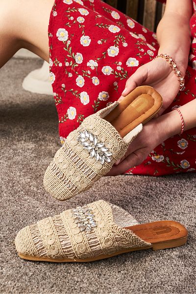 İmerShoes Καθημερινές γυναικείες μπεζ πέτρινες ψάθινες παντόφλες Δαντέλα πλεκτές κλειστές μπροστινές κεντημένες με χαμηλό τακούνι άνετα 277