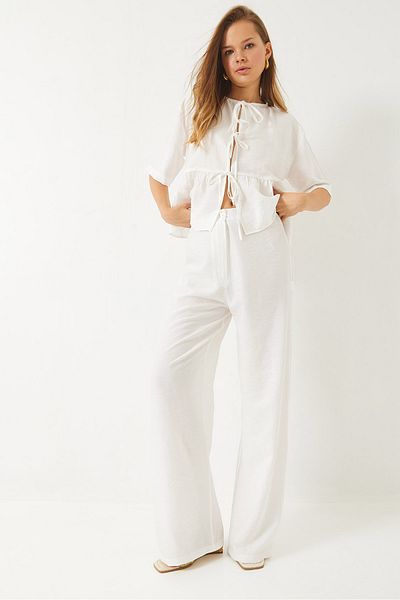 Bianco Lucci Women's Lacing Detailed Short Sleeve Blouse Pants Bottom-Top Suit 9265 60281014