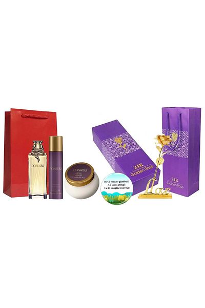 Oriflame Set cadou, parfum de femei Posses, crema corp, deodorant spray, trandafir auriu si insigna