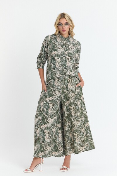 SCHIK Жіночий віскозний комфортний широкий штани з рукавами-крильцями, передня частина з ґудзиками та принтом