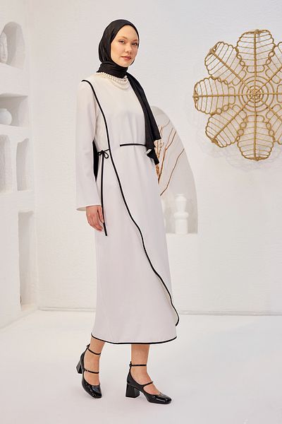 LOCCO White Women's Scuba Dress - Self-Tied Style with Piping