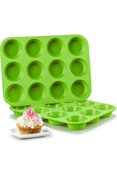 Choice قالب كب كيك أخضر مكون من 12 فتحة، قالب كب كيك سيليكون غير لاصق، قالب ك...