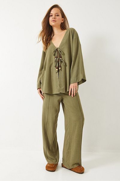 Bianco Lucci Women's Front Tie Bead Detailed Linen Bottom-Top Set 9262 60281010
