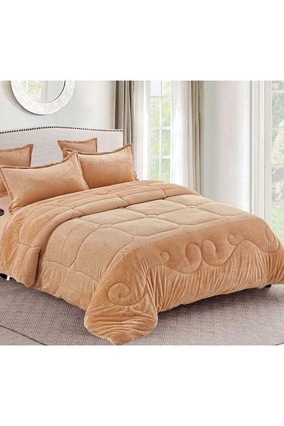 Comfy FAUX FUR 6PC KING SIZE ROYALTY COLLECTION BEIGE SOFT COMFORTER SET