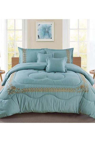 Comfy 6 PC EMBROIDERY FLORAL COTTON SOFT KINGSIZE COMFORTER SET LIGHT GREEN